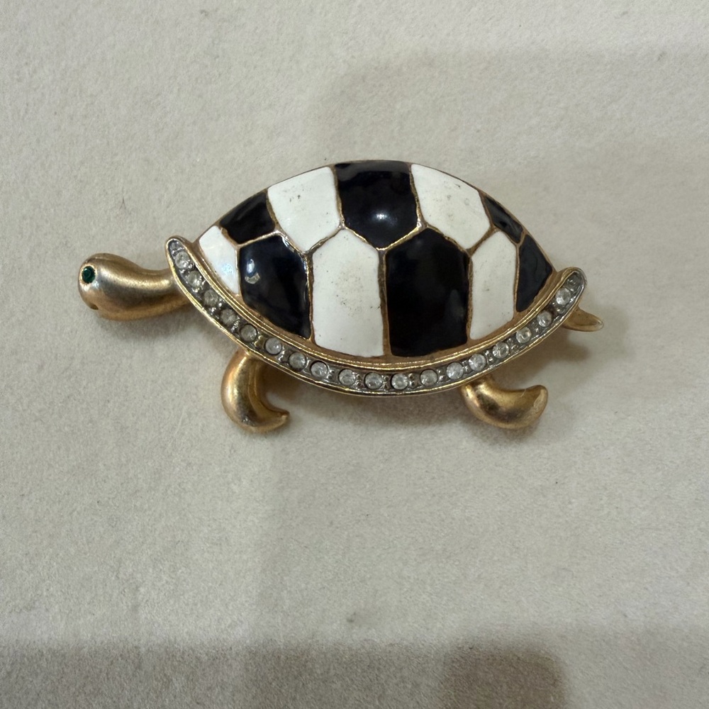 Black and White Turtle Brooch with Gold Accents